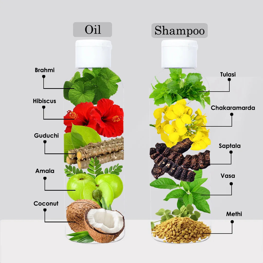 Blu Essentials Ayurvedic Hair Strengthening Combo with Anti Hair Fall Shampoo, 250mL, showcasing natural hair care benefits.