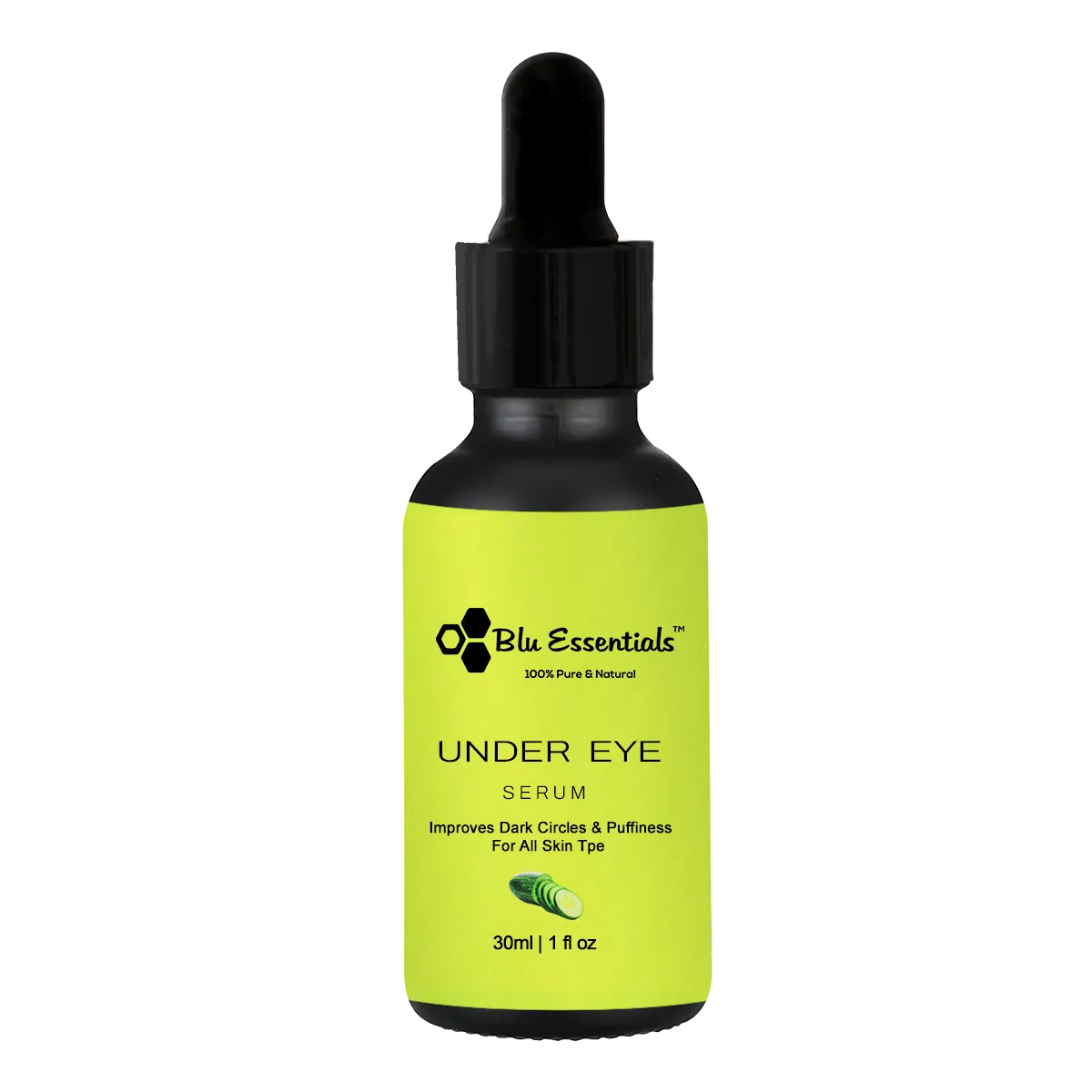 Blu Essentials Under Eye Serum 30ml in a sleek bottle, featuring natural ingredients like Aloe Vera and Green Tea for skin...
