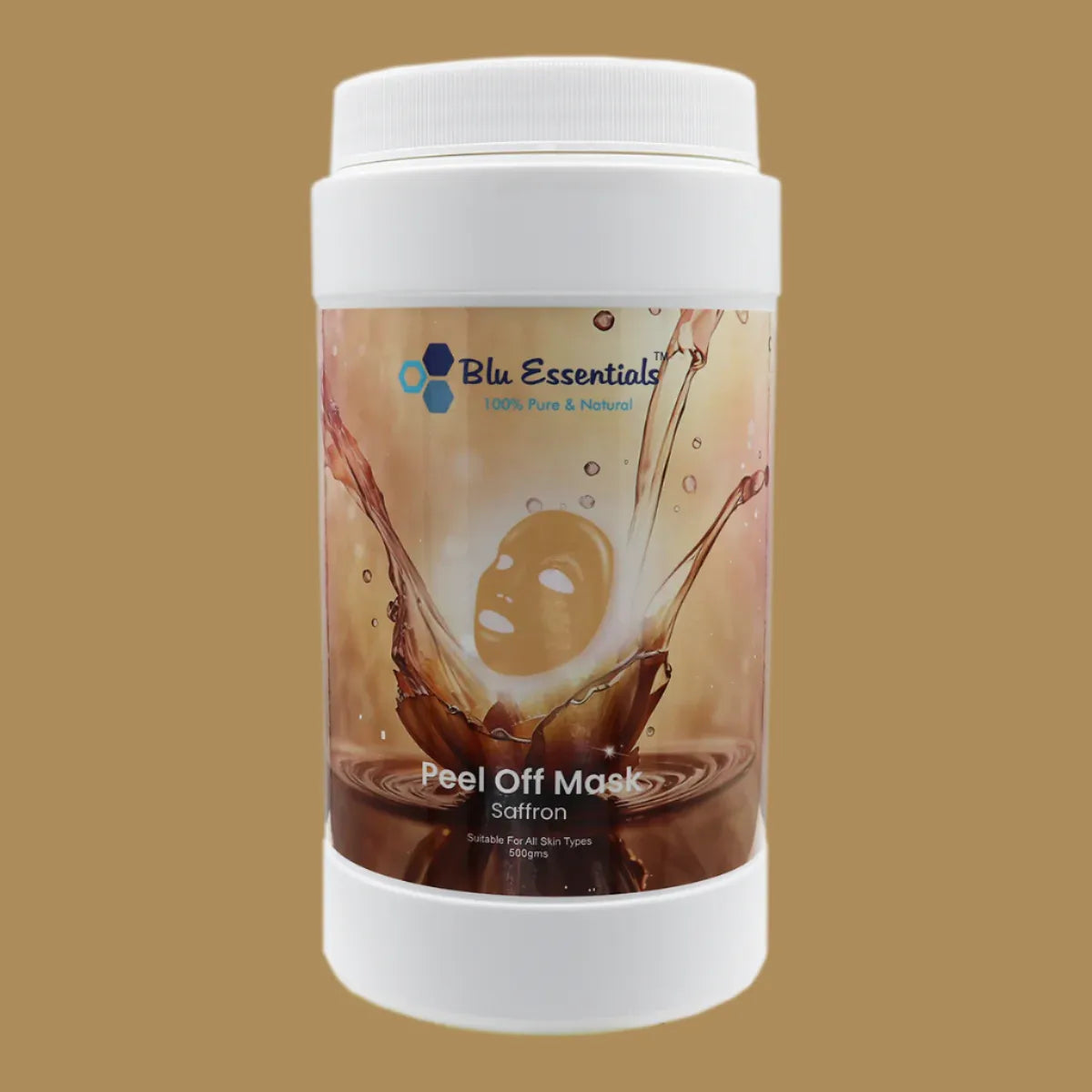 Blu Essentials Saffron Peel Off Mask (500g) in a vibrant yellow packaging, enriched with saffron and turmeric for radiant ...