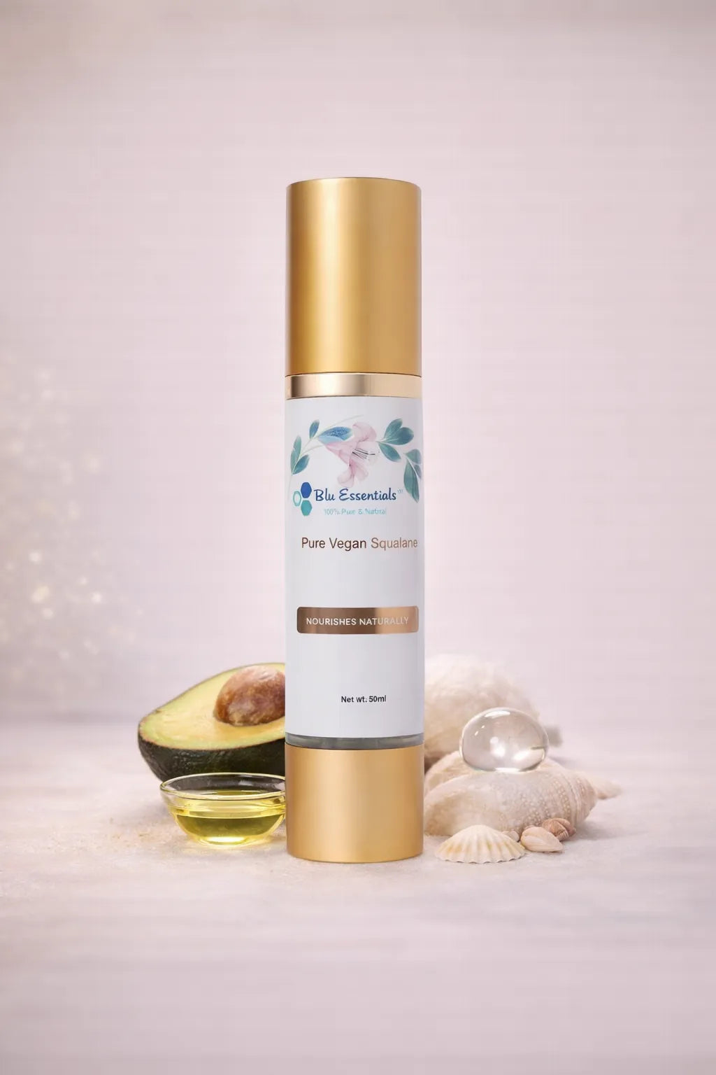 100% Pure Vegan Squalane by Blu Essentials in a sleek 30mL bottle, ideal for moisturizing and antioxidant skincare.