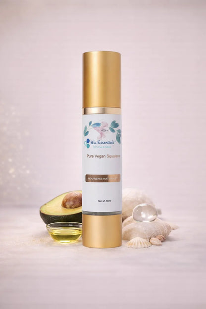 100% Pure Vegan Squalane by Blu Essentials in a sleek 30mL bottle, ideal for moisturizing and antioxidant skincare.
