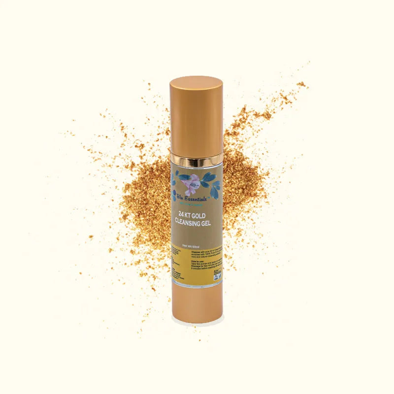 50mL Blu Essentials 24K Gold Cleansing Gel for Face in a sleek container, featuring metallic gold particles for radiant skin.