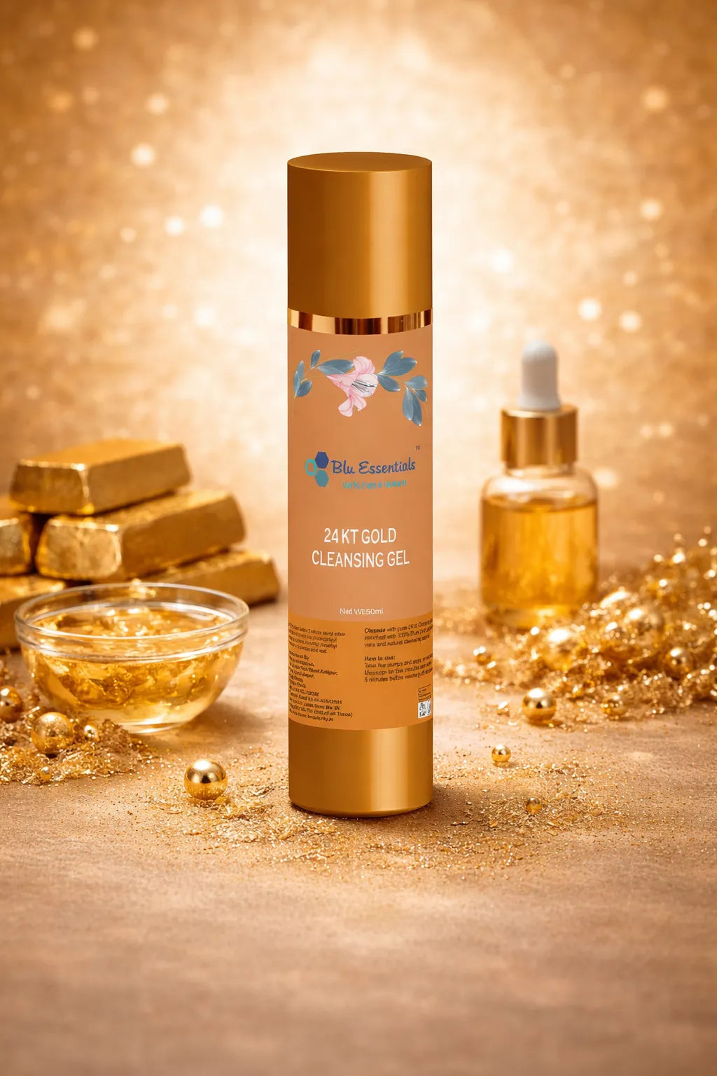 Blu Essentials 24K Gold Cleansing Gel for Face, 50mL, shimmering gold gel in a sleek bottle, perfect for radiant skin care.