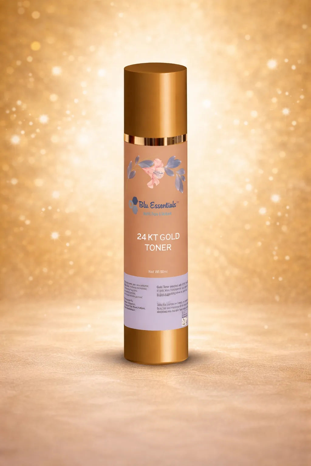 Blu Essentials 24K Gold Toner For Face in a sleek 50mL bottle, featuring a shimmering gold label, perfect for skin care ro...
