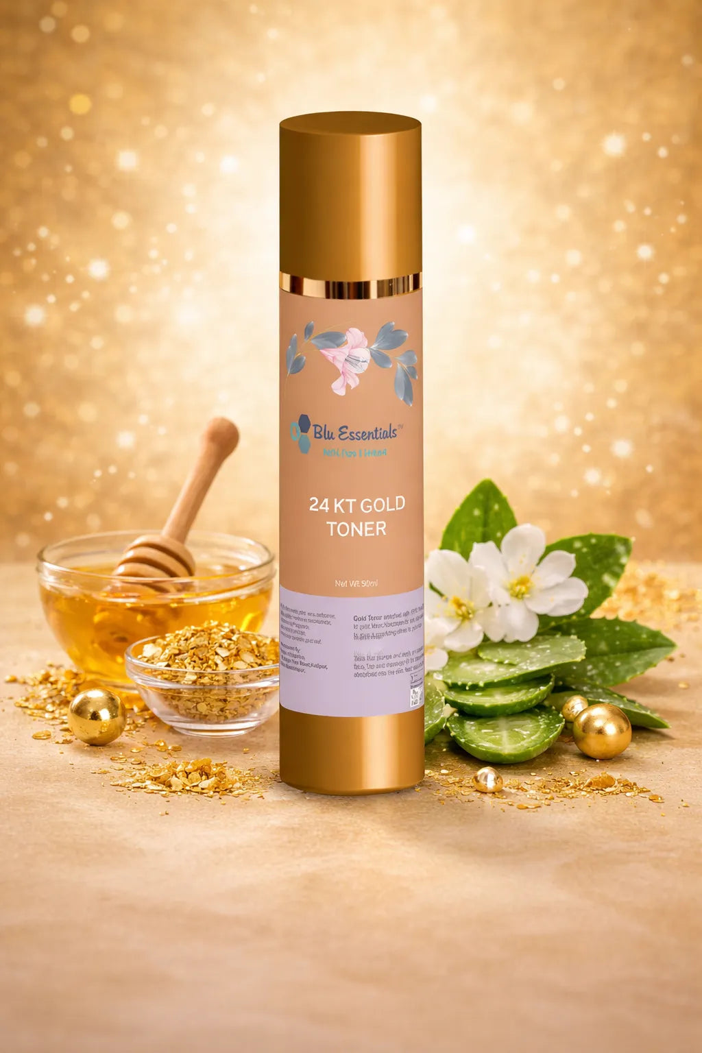 Blu Essentials 24K Gold Toner for Face in a sleek 50mL bottle, featuring a shimmering gold hue, perfect for skin care and ...