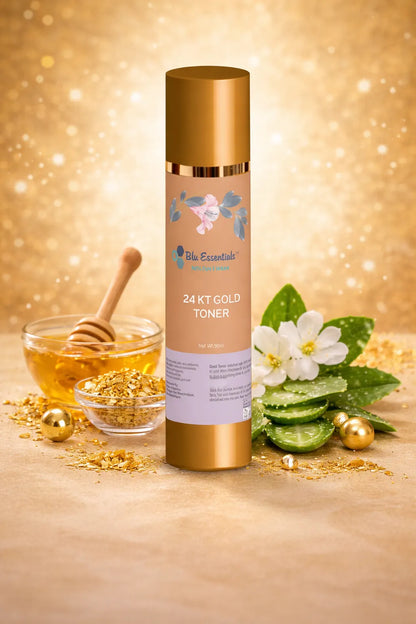 Blu Essentials 24K Gold Toner for Face in a sleek 50mL bottle, featuring a shimmering gold hue, perfect for skin care and ...