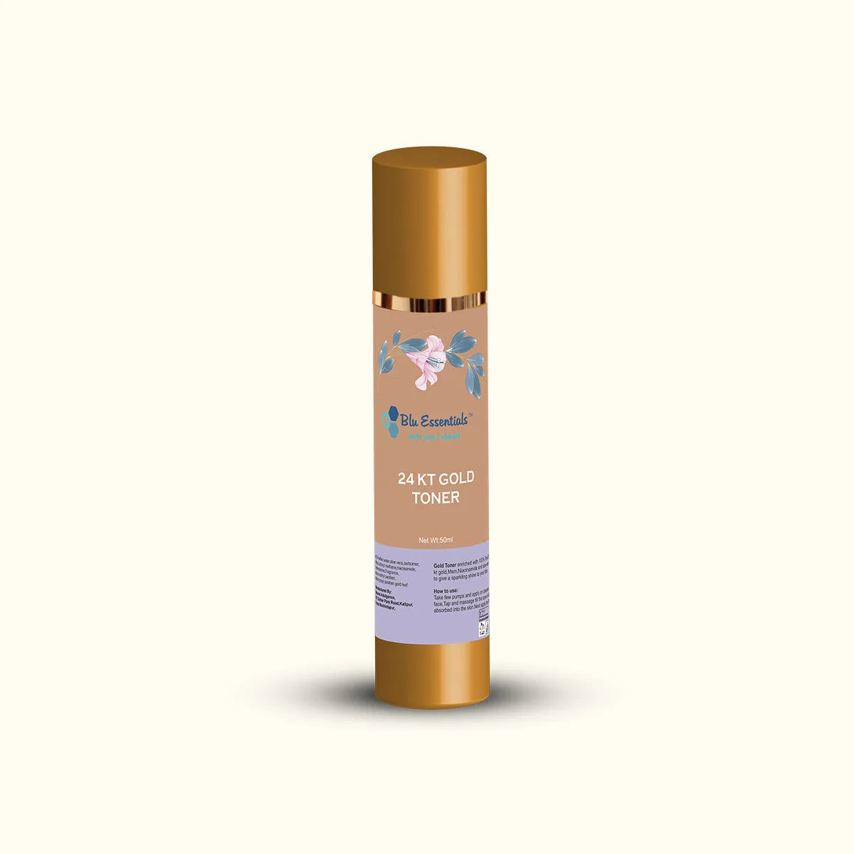 Blu Essentials 24K Gold Toner For Face in a sleek 50mL bottle, featuring a shimmering gold label, perfect for skin care ro...