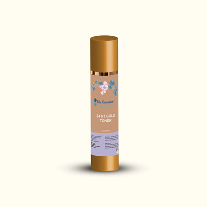 Blu Essentials 24K Gold Toner For Face in a sleek 50mL bottle, featuring a shimmering gold label, perfect for skin care ro...