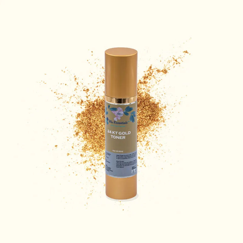 Blu Essentials 24K Gold Toner For Face in a sleek 50mL bottle, featuring a shimmering gold label, perfect for skin care ro...