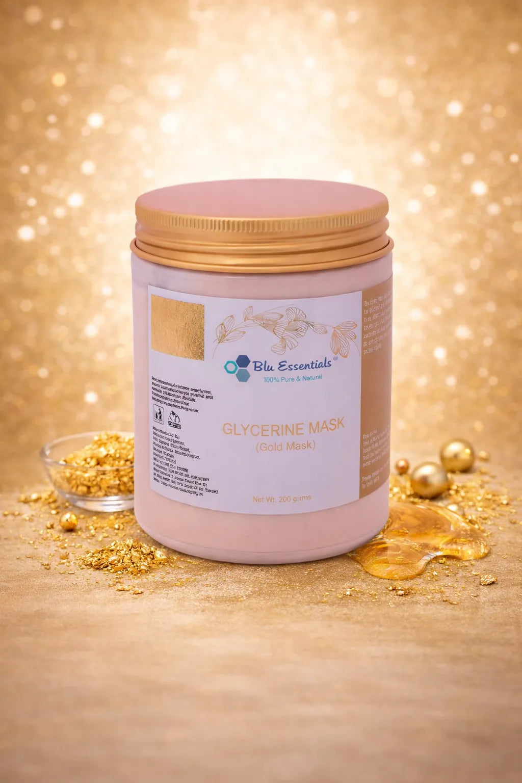 Blu Essentials 24K Pure Gold Face Mask in a sleek 50mL jar, enriched with antioxidants for skin renewal and improved blood...