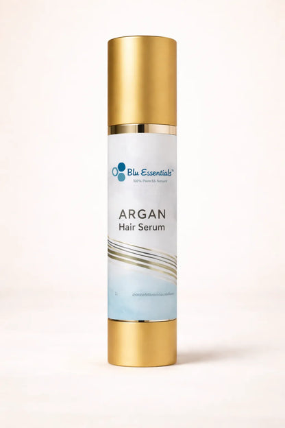Blu Essentials Argan Hair Serum in a sleek bottle, 50mL size, enriched with pure Moroccan argan oil for ultimate hair care.