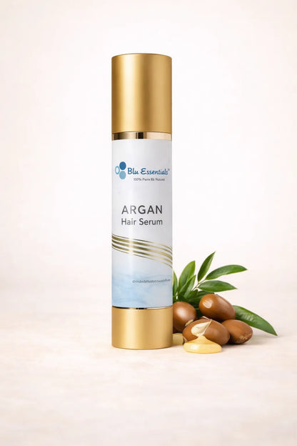 Blu Essentials Argan Hair Serum in a sleek 50mL bottle, enriched with Moroccan Argan Oil, ideal for hair care and salon of...
