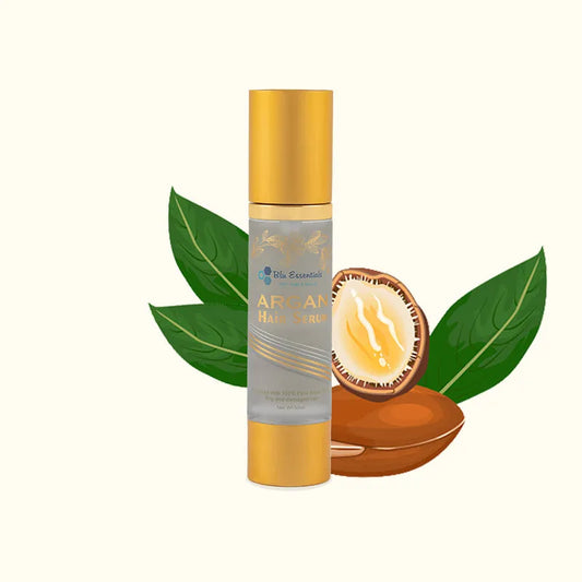 Blu Essentials Argan Hair Serum in a sleek 50mL bottle, enriched with Moroccan Argan Oil, ideal for hair care and salon of...