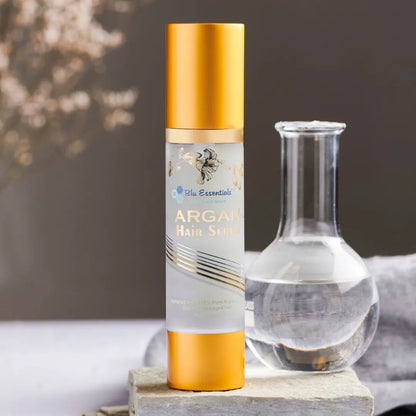 Blu Essentials Argan Hair Serum in a sleek bottle, 50mL size, enriched with Moroccan Argan Oil for ultimate hair care.