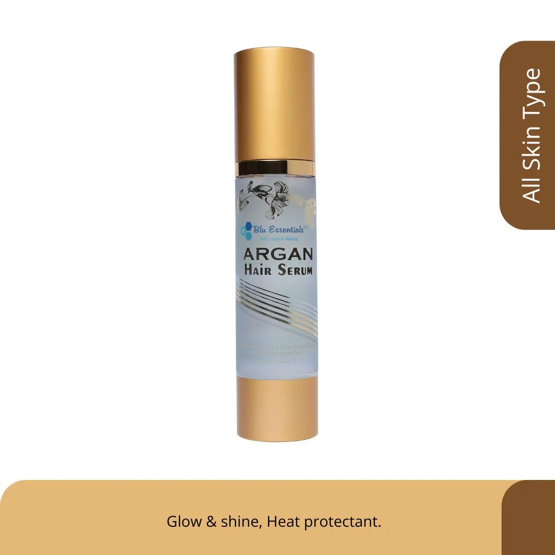 Blu Essentials Argan Hair Serum in a sleek bottle, 50mL size, enriched with Moroccan Argan Oil for ultimate hair care.