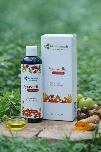 Blu Essentials Ayurvedic Hair Serum 200mL, a nourishing hair care product for strengthening roots and promoting growth.
