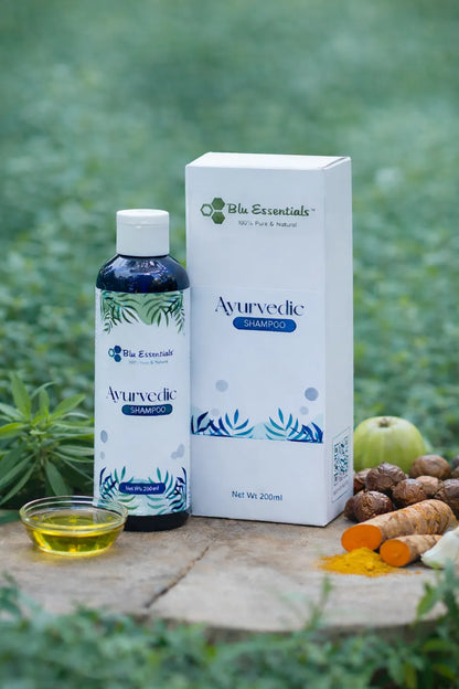 Blu Essentials Ayurvedic Hair Shampoo 200mL in a vibrant bottle, perfect for hair care and Ayurvedic routines.