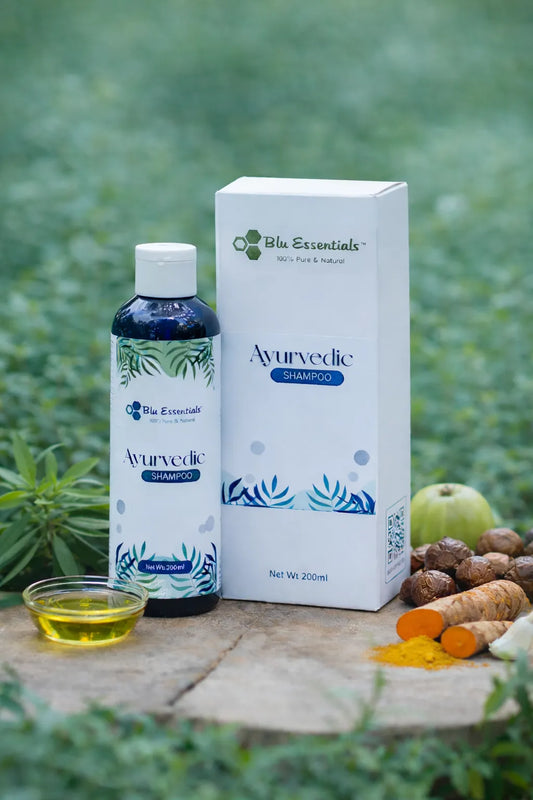 Blu Essentials Ayurvedic Hair Shampoo 200mL in a vibrant bottle, perfect for hair care and Ayurvedic routines.