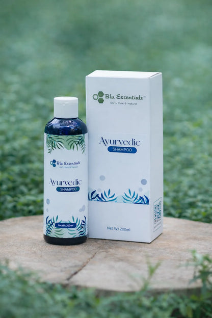 Blu Essentials Ayurvedic Hair Shampoo 200mL, a natural hair care solution, in a sleek bottle, perfect for maintaining scal...