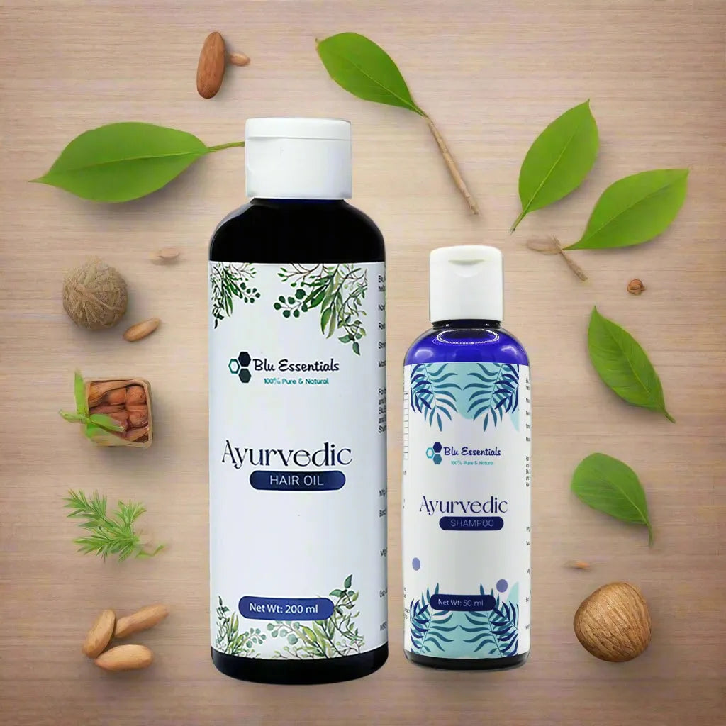 Blu Essentials Ayurvedic Hair Strengthening Combo with Anti Hair Fall Shampoo, 250mL, showcasing natural hair care benefits.