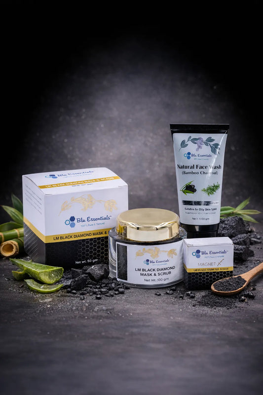 Blu Essentials Black Diamond Scrub + Mask in a sleek black container, 100g size, paired with a 50ml Bamboo Charcoal Face W...