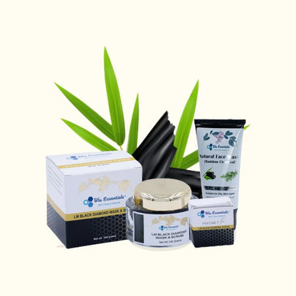 Blu Essentials Black Diamond Scrub + Mask in 100g size, featuring a sleek black packaging, perfect for skin care and exfol...