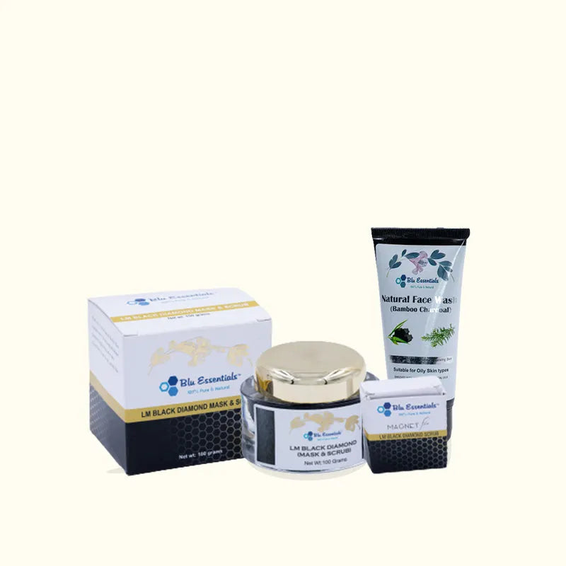 Blu Essentials Black Diamond Scrub + Mask in 100g size, featuring a sleek black packaging, perfect for skin care and exfol...