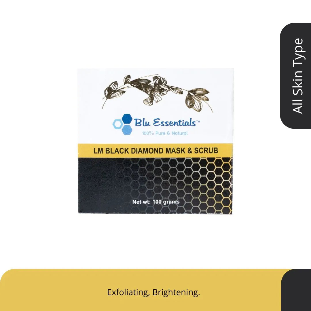 Blu Essentials Black Diamond Scrub + Mask in 100g size, featuring a sleek black packaging, perfect for skin care and exfol...