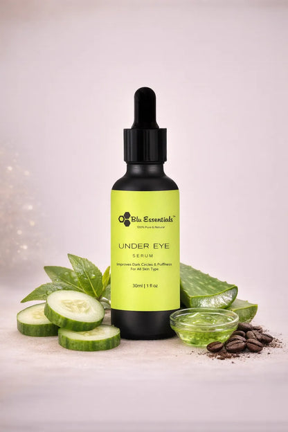 Blu Essentials Under Eye Serum 30ml in a sleek bottle, featuring natural ingredients like Aloe Vera and Green Tea for skin...