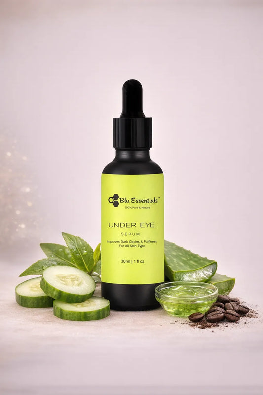 Blu Essentials Under Eye Serum 30ml in a sleek bottle, featuring natural ingredients like Aloe Vera and Green Tea for skin...