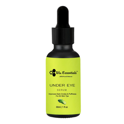 Blu Essentials Under Eye Serum 30ml in a sleek bottle, featuring natural ingredients like Aloe Vera and Green Tea for skin...