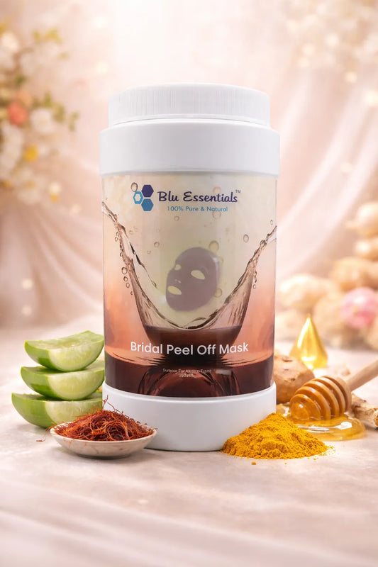 Blu Essentials Bridal Peel Off Mask (500g) in vibrant packaging, enriched with Vitamin C and Aloe Vera for glowing skin.