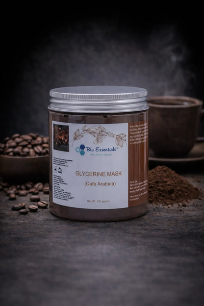 Blu Essentials Café Arabica Glycerine Face Mask, 250g, featuring rich coffee extracts for skin care and cellulite reduction.