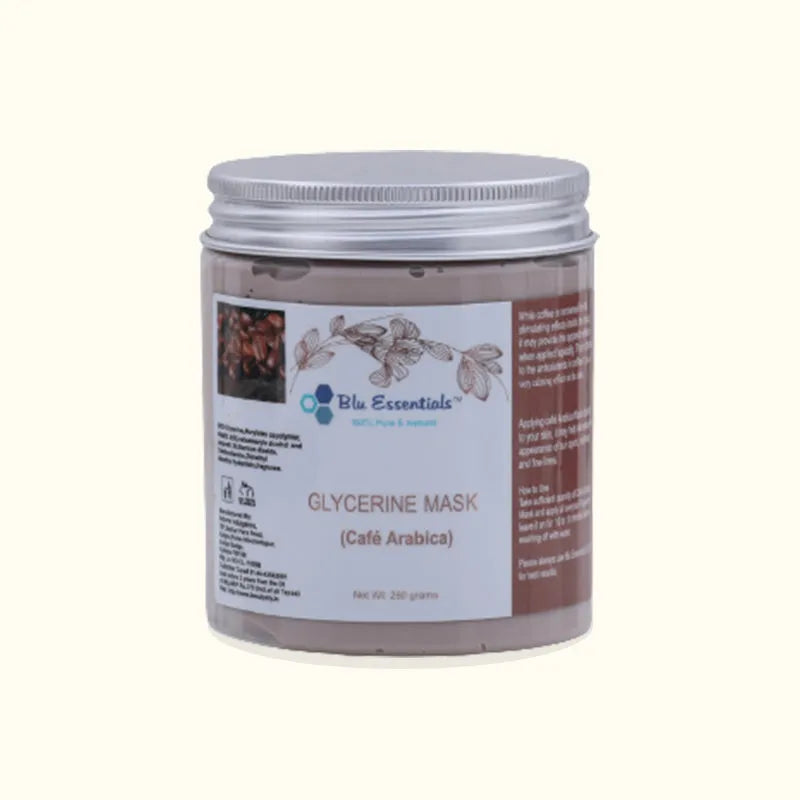 Blu Essentials Café Arabica Glycerine Face Mask, 250g, featuring rich coffee extracts for skin care and cellulite reduction.