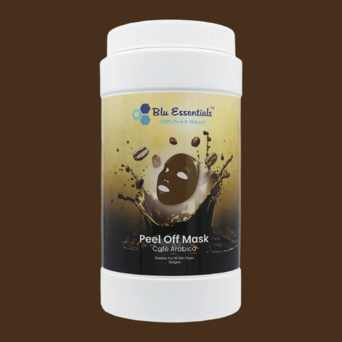 Café Arabica Peel Off Mask by Blu Essentials, 500g, featuring a rich brown color, ideal for skin care and facial masks.