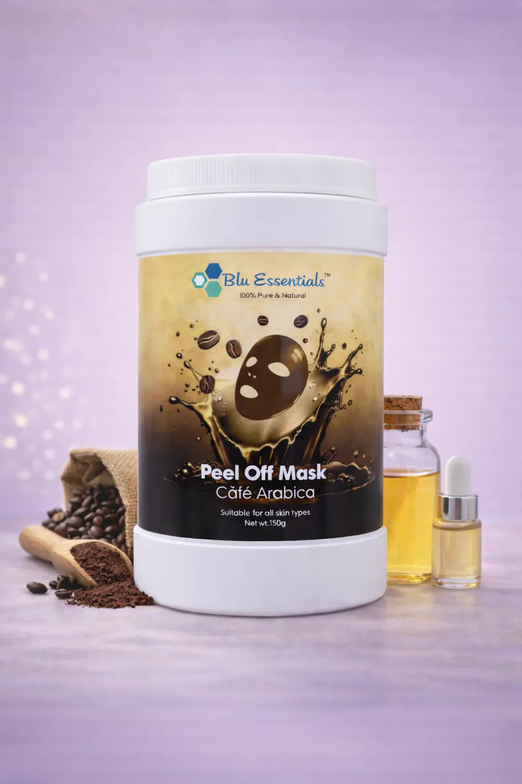 Café Arabica Peel Off Mask by Blu Essentials, 500g, featuring a rich brown color, ideal for skin care and facial masks.
