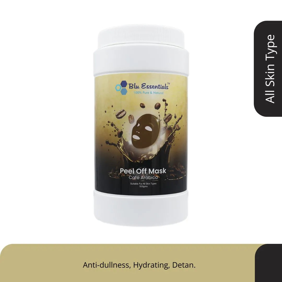 Café Arabica Peel Off Mask by Blu Essentials, 500g, featuring a rich brown color, ideal for skin care and facial masks.