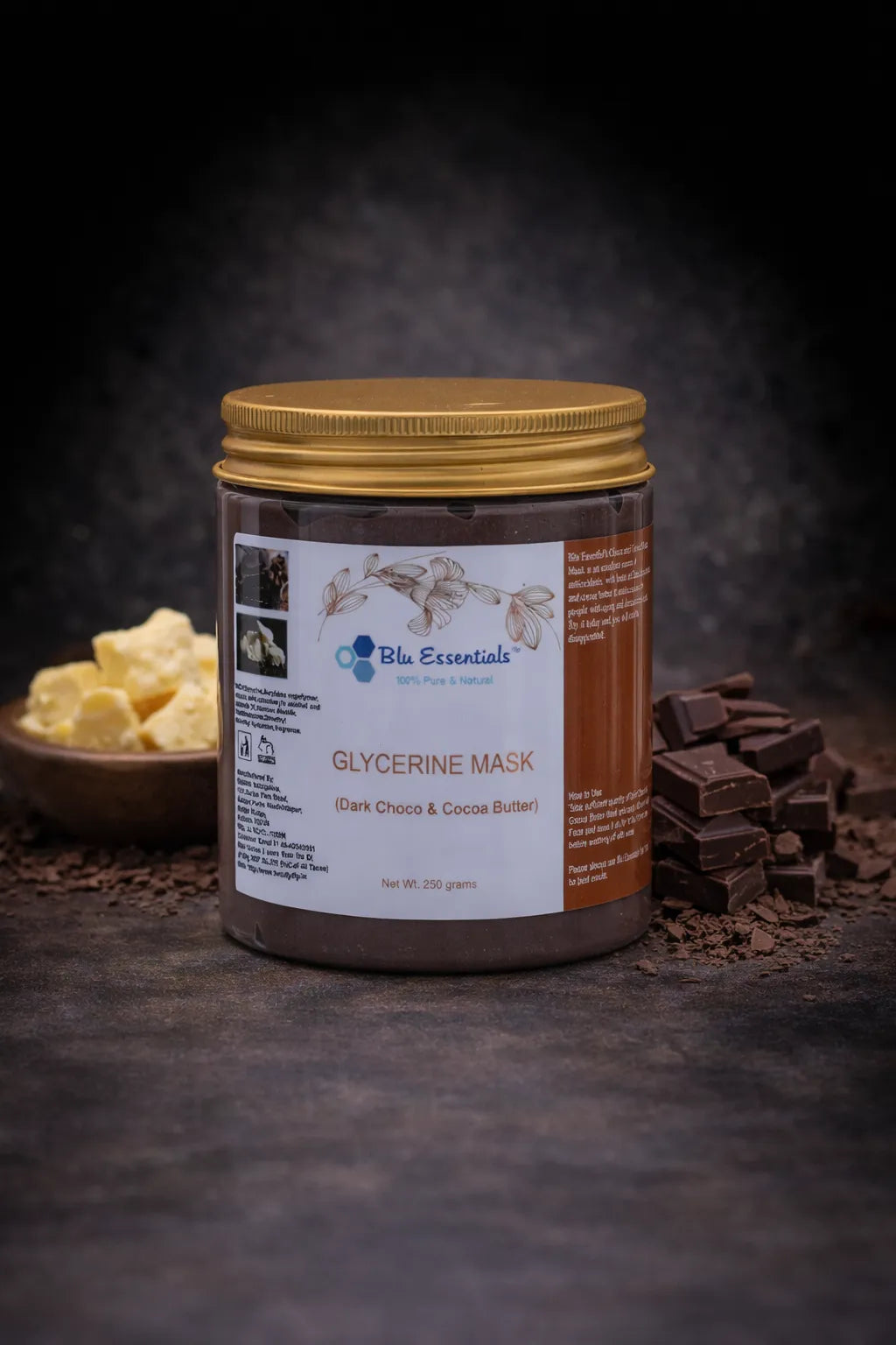Blu Essentials Choco & Cocoa Butter Glycerine Face Mask, 250g, rich dark chocolate color, perfect for skin detox and care.