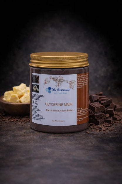 Blu Essentials Choco & Cocoa Butter Glycerine Face Mask, 250g, rich dark chocolate color, perfect for skin detox and care.