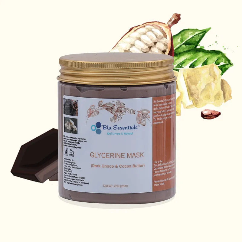 Blu Essentials Choco & Cocoa Butter Glycerine Face Mask, 250g, rich dark chocolate color, perfect for skin detox and care.