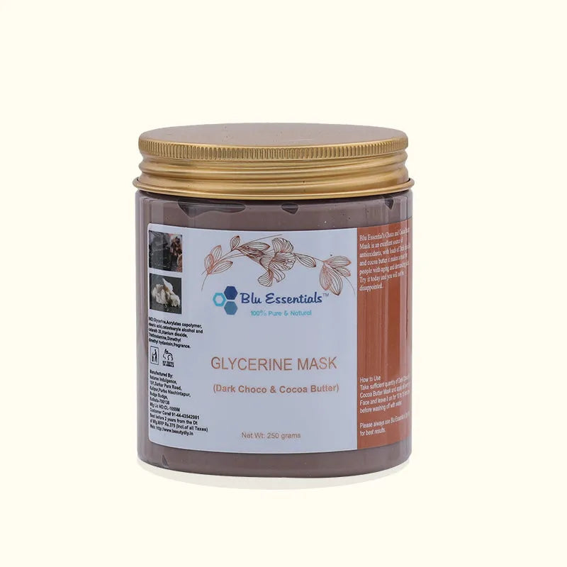 Blu Essentials Choco & Cocoa Butter Glycerine Face Mask, 250g, rich dark chocolate color, perfect for skin detox and care.