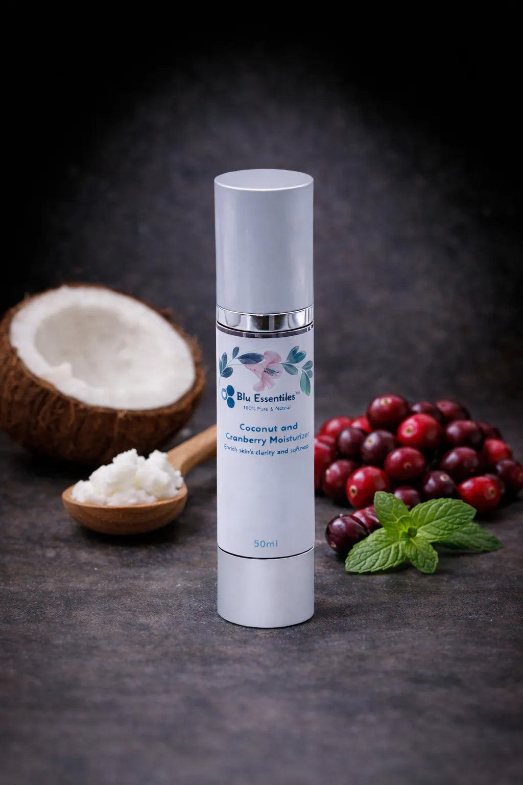 Blu Essentials Concentrated Face Serum in a sleek bottle, 50mL size, enhances skin care by reducing wrinkles and fine lines.