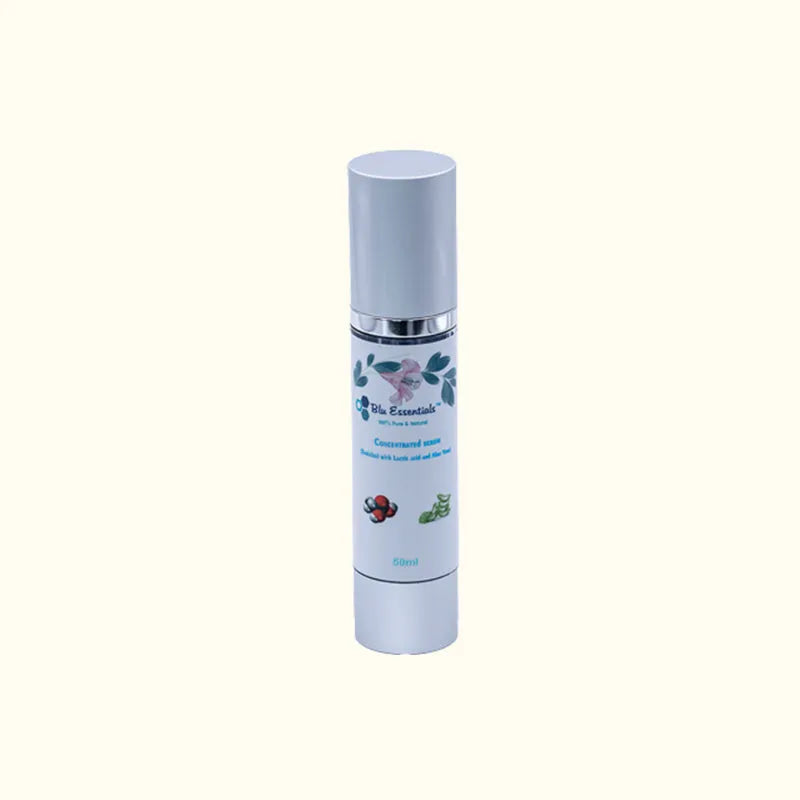 Blu Essentials Concentrated Face Serum 50mL, clear bottle, enhances skin care, fights wrinkles, ideal for resale.