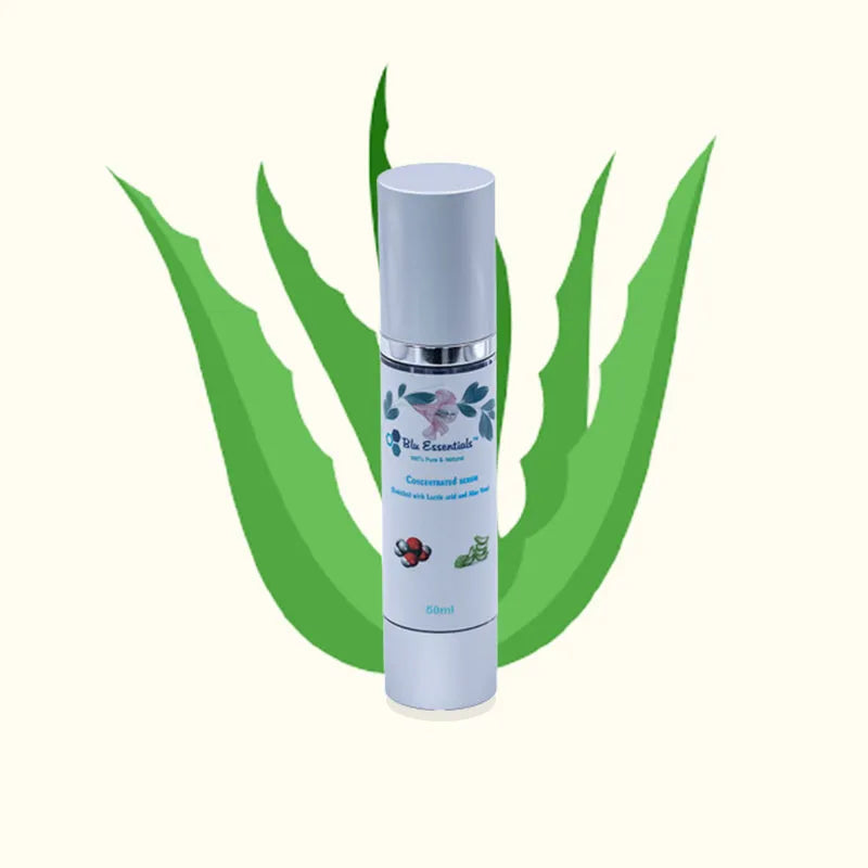 Blu Essentials Concentrated Face Serum in sleek packaging, 50mL size, designed to enhance skin care and reduce wrinkles.