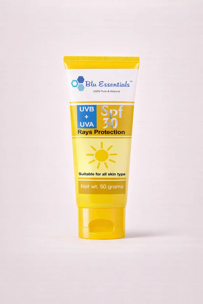 Blu Essentials Face Sunscreen SPF 30, 50g, white tube, offers UVB + UVA protection, ideal for sensitive skin, Day Care col...