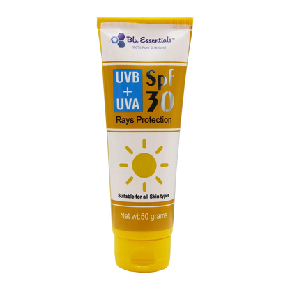 Blu Essentials Face Sunscreen SPF 30 in a 50g tube, offering UVB + UVA protection for sensitive skin, ideal for daily care.