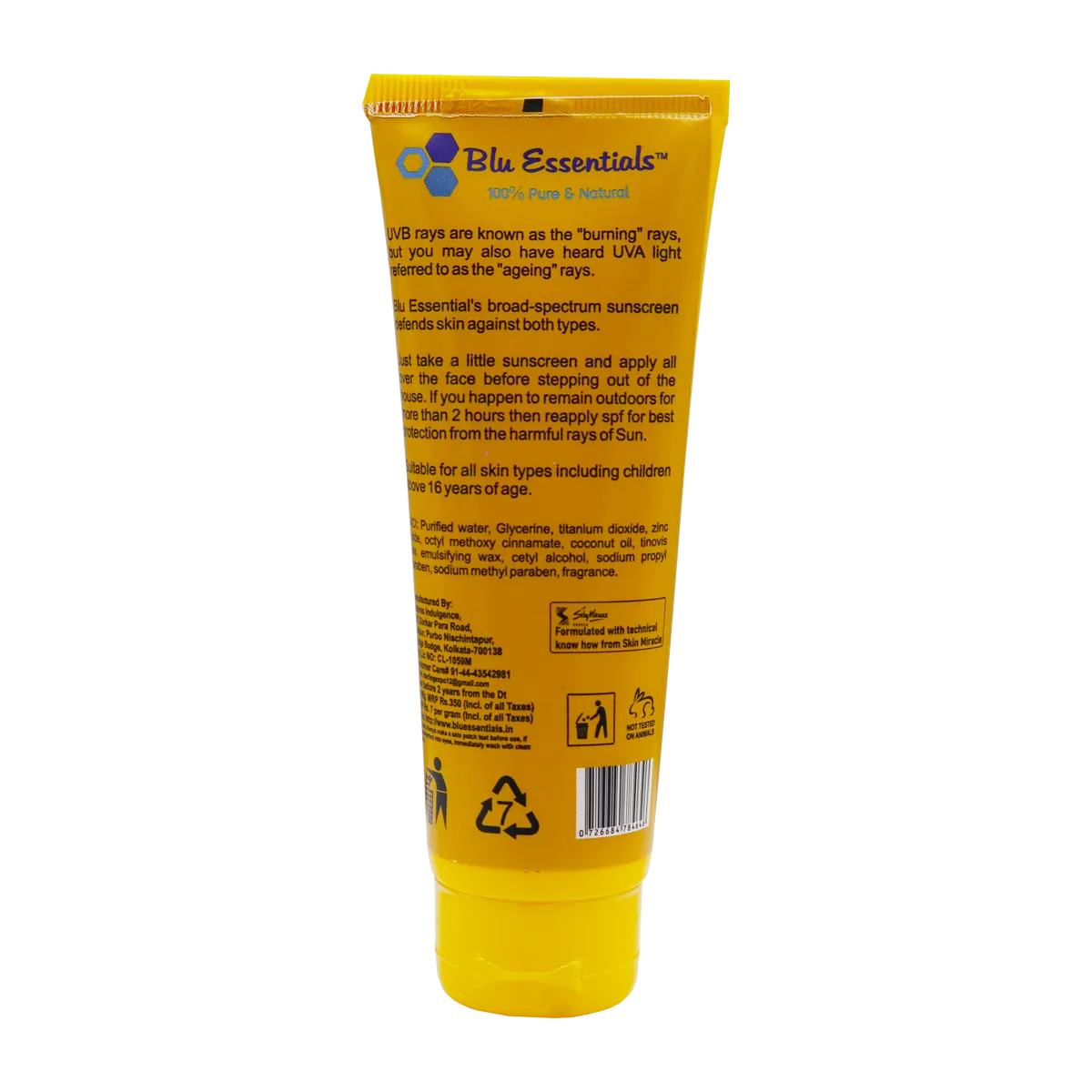 Blu Essentials Face Sunscreen SPF 30 in a 50g tube, offering UVB + UVA protection for sensitive skin, ideal for daily care.