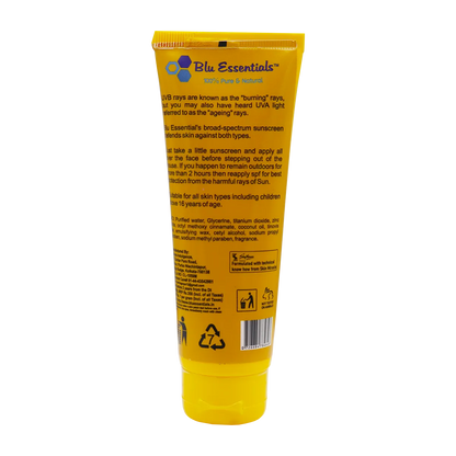 Blu Essentials Face Sunscreen SPF 30 in a 50g tube, offering UVB + UVA protection for sensitive skin, ideal for daily care.