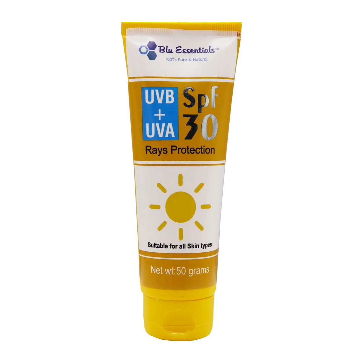 Blu Essentials Face Sunscreen SPF 30 in a 50g tube, offering UVB + UVA protection for sensitive skin, ideal for daily care.