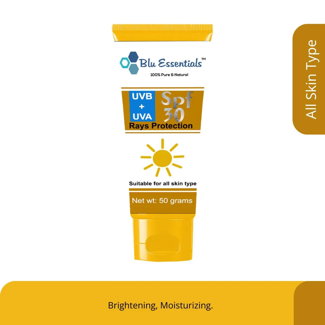 Blu Essentials Face Sunscreen SPF 30 in a white tube, 50g size, offering UVB + UVA protection for sensitive skin.